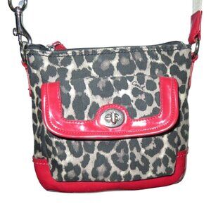 Coach Park Ocelot Animal Print Red Patent Leather Crossbody Swingpack Handbag